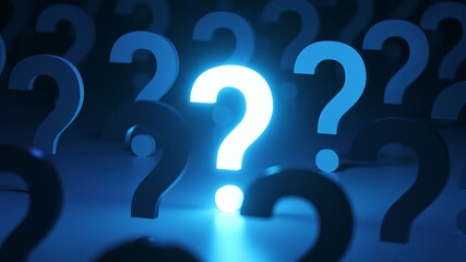 Luminous blue question mark standing out in a crowd of other symbols, representing concepts of inquiry, solution seeking, curiosity, and finding answers among multiple problems or doubts