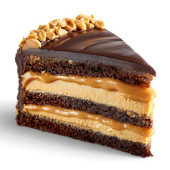 A slice of peanut butter chocolate cake with creamy layers, isolated on white background.