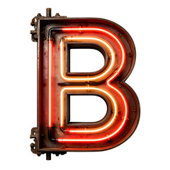 Retro Neon Letter B with Exposed Tubes and Industrial Metal Frame on Transparent Background