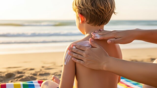 Caucasian child receiving sunscreen on beach at sunset