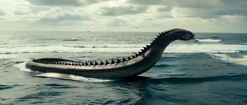 Mythical Sea Serpent Dragon Creature Emerges from Ocean Waves.