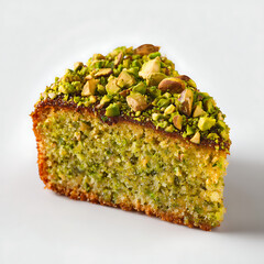 A slice of pistachio cake with chopped pistachio topping, isolated on white background.