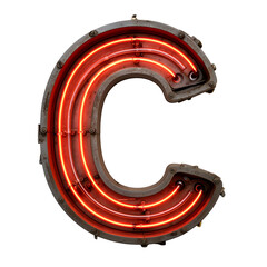 Retro Neon Letter C with Exposed Tubes and Industrial Metal Frame on Transparent Background