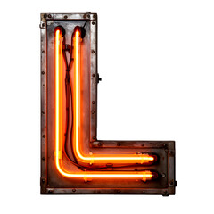 Retro Neon Letter L with Exposed Tubes and Industrial Metal Frame on Transparent Background