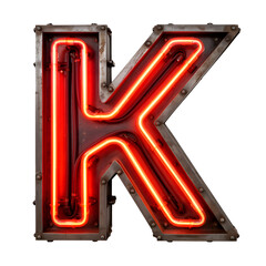 Retro Neon Letter K with Exposed Tubes and Industrial Metal Frame on Transparent Background