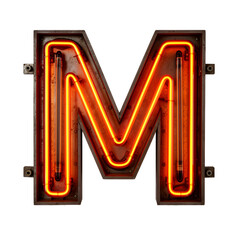 Retro Neon Letter M with Exposed Tubes and Industrial Metal Frame on Transparent Background