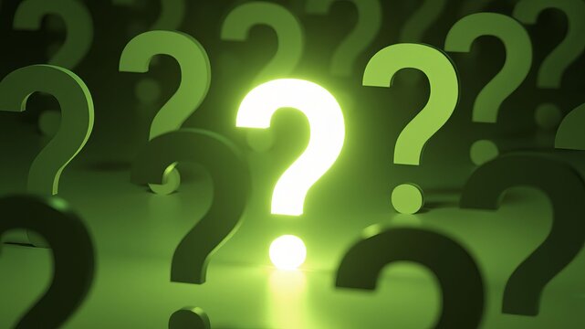 Luminous green question mark standing out in a crowd of others on a reflective surface, representing concepts like finding a solution, asking the right questions, and innovative thinking