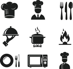 Cooking Icon Set – Chef Hat, Food Tray, Pot, Frying Pan, and Kitchen Utensil Silhouettes
