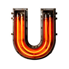 Retro Neon Letter U with Exposed Tubes and Industrial Metal Frame on Transparent Background