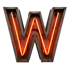 Retro Neon Letter W with Exposed Tubes and Industrial Metal Frame on Transparent Background