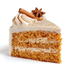 A slice of pumpkin spice cake with cinnamon frosting, isolated on white background.