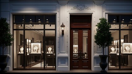 The elegant front of a jewelry store at night.