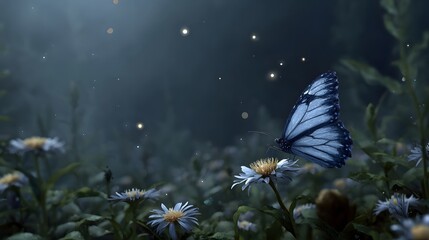 Enchanting scene of a blue butterfly perched on a white flower in a misty garden illuminated by glowing fireflies at twilight