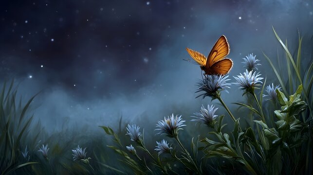 Orange butterfly rests on a delicate flower under a starry misty night sky