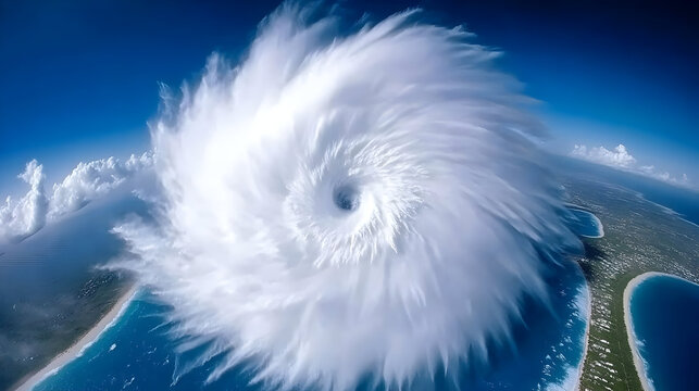 Dramatic aerial view of a swirling hurricane approaching a tropical island, conveying climate change impact and natural disaster awareness, ideal for environmental reports