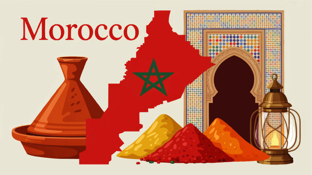 Morocco culture illustration with tagine, spices, map flag, Islamic archway and arabesque mosaic for travel and tourism design