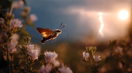 Fototapeta premium A hummingbird moth hovers near wildflowers during a dramatic sunset with lightning in the sky