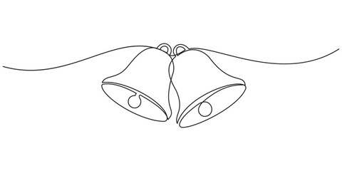 Continuous single line drawing of a festive hanging bell with flowing ribbon curves in modern minimalist holiday outline style vector illustration