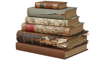 Stack of old books, worn covers, antique literature, cut out, stock png, isolated on transparent background
