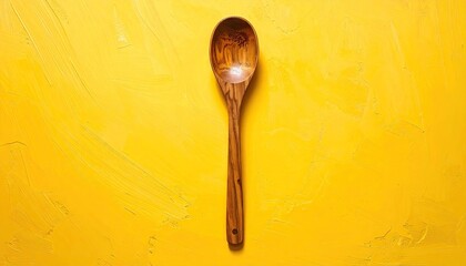 Wooden Spoon Resting On A Bright Yellow Textured Surface With Subtle Glitter Particles Scattered Around And Soft Overhead Lighting Creating Minimal Shadows