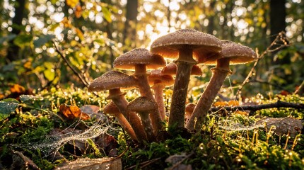 A natural cluster of mushrooms lit by warm golden hour sunlight, captured with shallow depth and soft bokeh in a peaceful forest