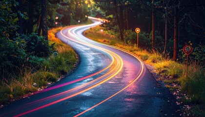 Fototapeta premium Winding Forest Road at Night with Streaks of Light from Passing Cars Showing a Sense of Movement and Speed Amidst Dark Trees and Dappled Bokeh Lights