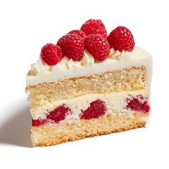 A slice of raspberries-and-cream cake with soft frosting, isolated on white background.
