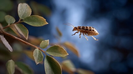 Obraz premium A tiny segmented insect like creature suspended in mid air near green foliage with a blurred dark blue background suggesting twilight