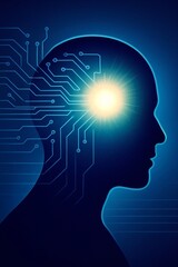 Obraz premium Vertical conceptual illustration of a human head in profile with a glowing core of light and blue digital circuits, symbolizing insight, inner growth and the fusion of human thought with technology.