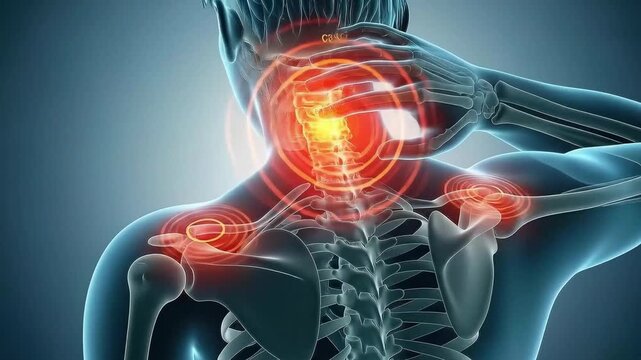 3D medical visualization highlighting neck and shoulder pain around the cervical spine anatomy &mdash; AI generated video