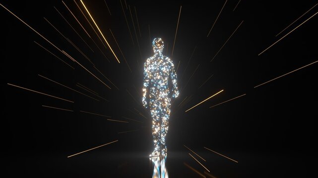 Humanoid figure made of sparkling diamonds materializing and walking toward the camera through a futuristic tunnel of light, representing concepts of creation, ai, and digital reality
