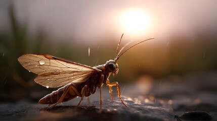 ro view of a winged insect covered in rain droplets during a golden hour sunset