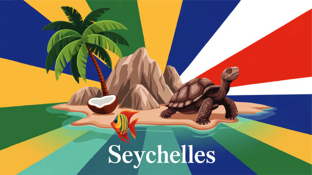 Colorful Seychelles island illustration with giant tortoise, palm tree, tropical fish and flag inspired rays for travel design