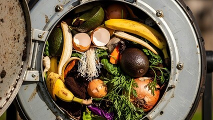 A close up of a metal compost bin filled with food scraps and organic waste for recycling process