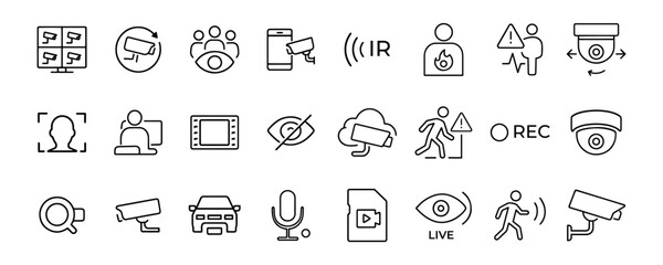 Surveillance monitoring line icon set. Vector pictograms of cctv, dome, detection, remote access, alert, intrusion warning, security, guard, thin linear illustration.