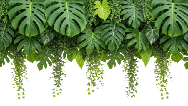 Lush green tropical leaves and hanging vines create a vibrant border, cut out, stock png, isolated on transparent background