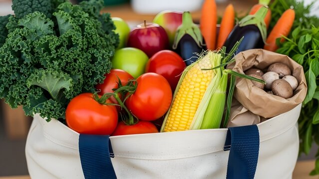 A tote bag filled with fresh produce including kale tomatoes corn apples carrots and mushrooms inside a bag