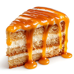 A slice of salted caramel cake dripping with caramel sauce, isolated on white background.
