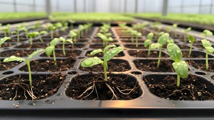 Close up of seedlings growing in a black plastic tray with water droplets on the leaves in a greenhouse