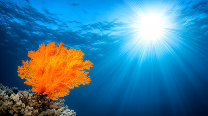 Explore vibrant underwater coral reefs illuminated by sun rays, perfect for ocean conservation campaigns and marine biology presentations or add a touch of the sea to your designs
