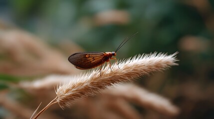 ro view of a small orange winged insect perched delicately on a dry feathery grass stalk in natural light