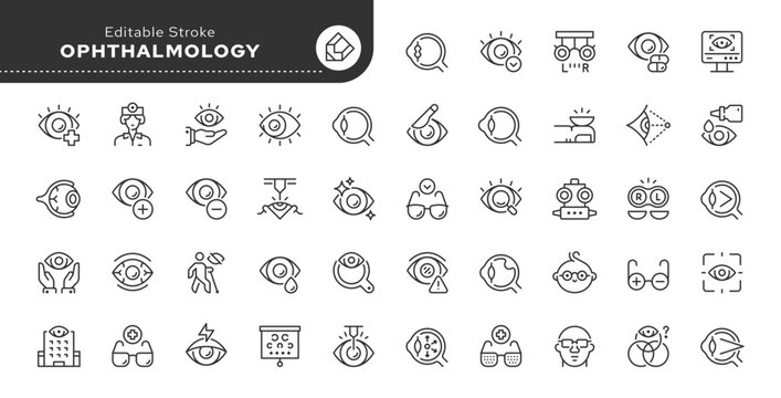 Ophthalmology line icon set. Eye treatment, medical eye care, ophthalmologist, eye ball, correction, contact lens, glasses and more. Outline icon in linear style. Vector collection.