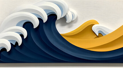 Elegant paper art wave design with vibrant blue and gold hues for eye catching backgrounds or modern artistic projects, conveying a sense of peace and tranquility, perfect for creative designs