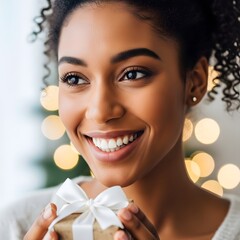 Smiling woman holding a gift box with a white ribbon, festive lights bokeh