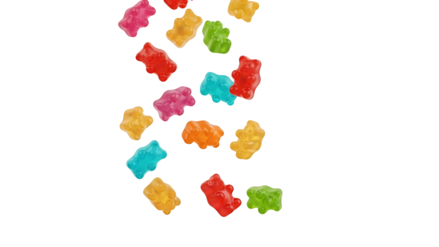Colorful gummy bears falling against black background