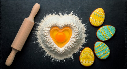 Easter decorations: gingerbread in the form of Easter eggs, fresh flour with a broken raw egg in the shape of a heart. We are preparing for Easter, cooking cakes	