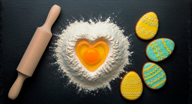 Easter decorations: gingerbread in the form of Easter eggs, fresh flour with a broken raw egg in the shape of a heart. We are preparing for Easter, cooking cakes - Powered by Adobe