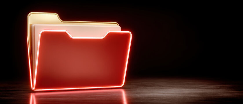 Neon folder cybersecurity concept glowing red folder on dark surface showing digital protection