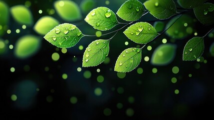 Close-up of fresh green leaves with water droplets on a dark background, evoking a sense of nature and tranquility.
