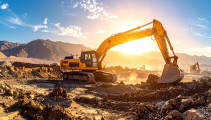 Obraz premium Yellow excavator digging earth in open mine pit during golden hour sunset with sun flare and dramatic sky